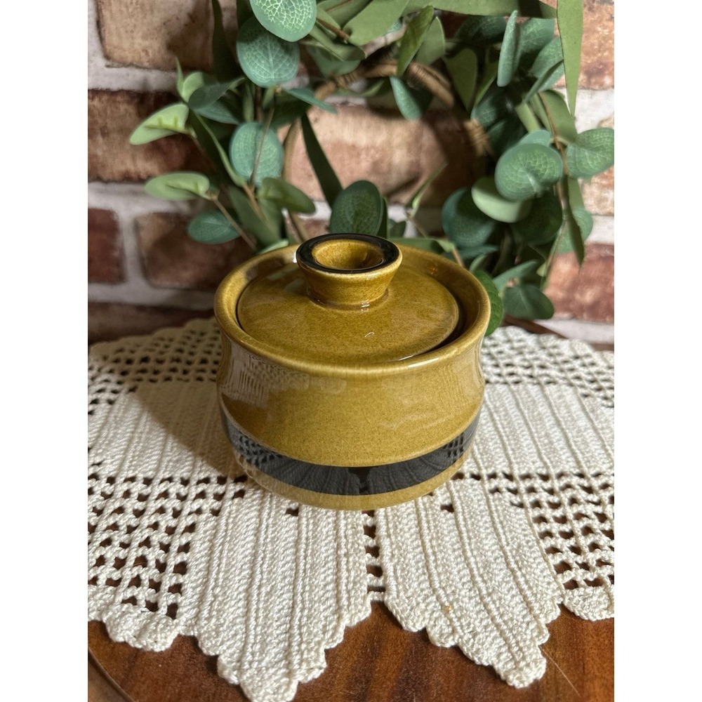 Vintage MCM Stoneware Sugar Bowl with Lid Made in Japan Crest Stone Akapulco